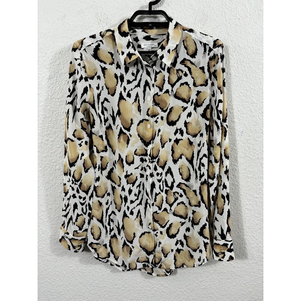 Equipment Femme Shirt Womens‎ Medium Tan Leopard Print Silk Button Front Blouse